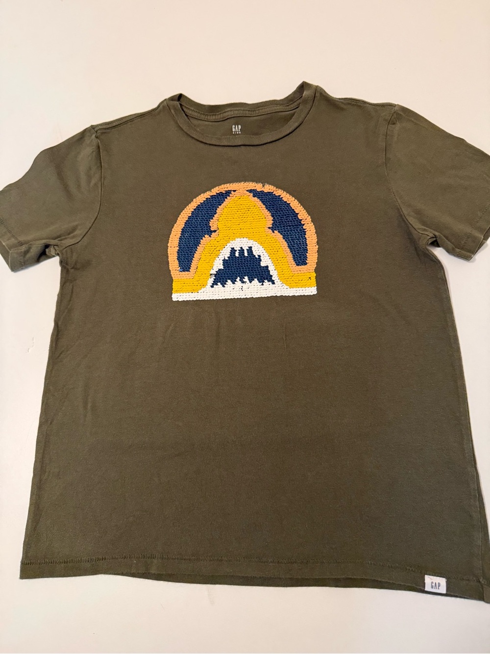 GAP Olive Green Tee with Yellow & Blue Embroidered Graphic